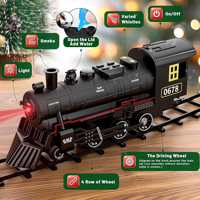 Train Set, Electric Train Set Toys with Smoke, Lights & Sound, Train Set for Under Christmas Tree with Steam Locomotives, Cars and Tracks, Christmas Train Toys for 3 4 5 6 7+ Years Old Kids