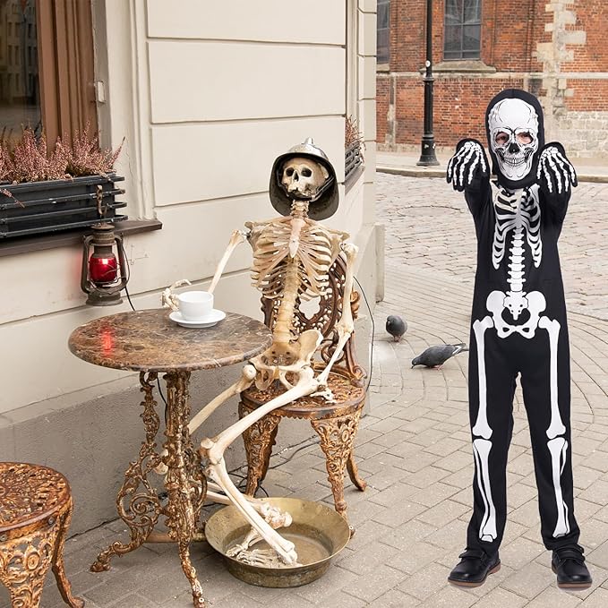 Leadtex Kids Glow in the Dark Skeleton Halloween Costume, All in One Skeleton Printed Jumpsuit with Hood and Gloves.