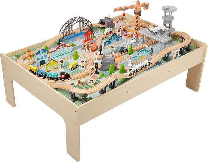 Amazon Basics 120 Piece Wooden Train Set and Table-kids Gift for Age 3Y+, Multi, Product dimensions: 47.4 x 33.46 x 16.14 inches