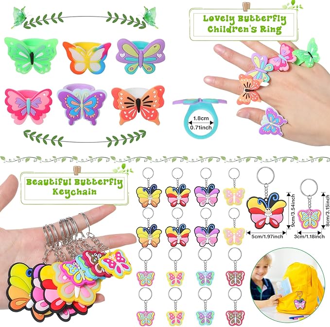 Ecally 211 Pcs Butterfly Party Favors for Girls with Butterfly Keychain Hairpins Stickers Bracelet Ring Necklace Tattoo Reusable Straws Plastic Cups with Dome Lids Tag for Kids Fairy Birthday Gift