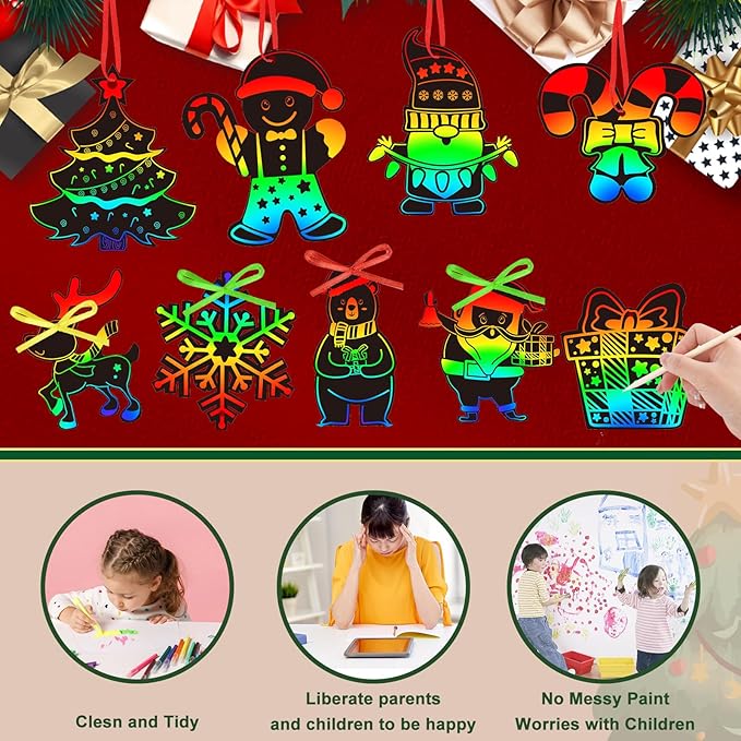 FEBSNOW Christmas Crafts for Kids, Magic Rainbow Christmas Scratch Art Paper Cards Christmas Tree Hanging Ornaments Christmas Gifts for Kids Holiday Party Favors Games (Christmas)