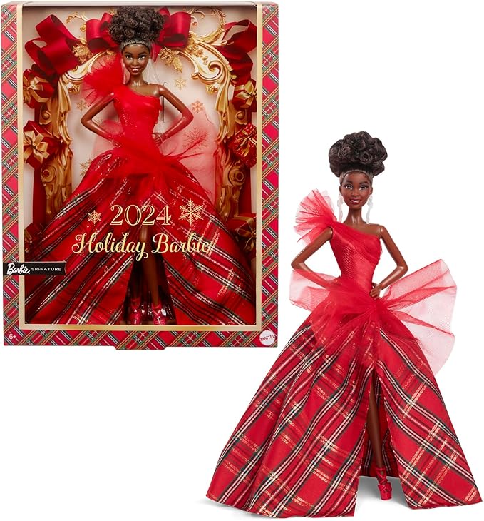 Barbie Signature Doll, 2024 Holiday Fashion Doll with Brown Hair Wearing Plaid Gown, Seasonal Collector Gift in Displayable Packaging