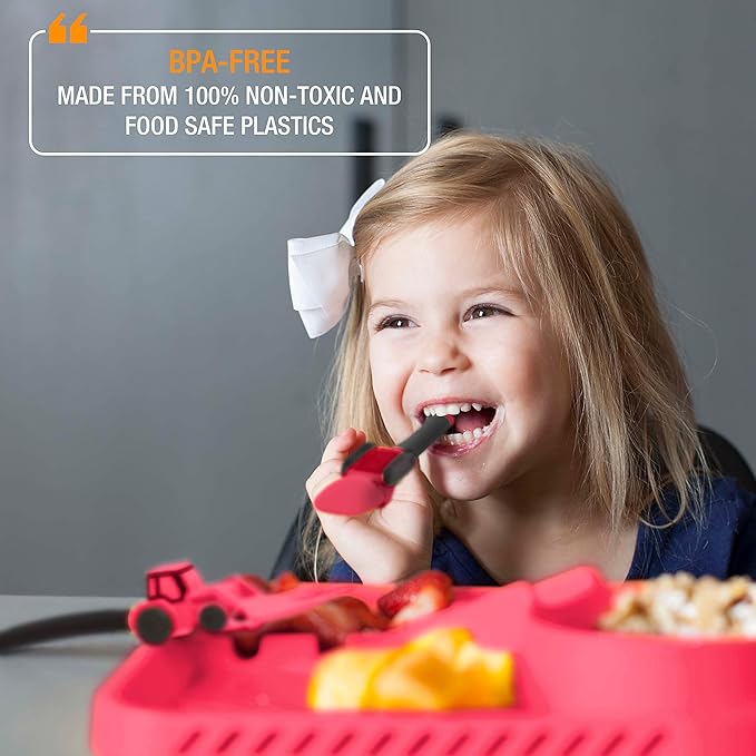 Dinneractive Utensil Set for Kids – Construction Themed Toddler Forks and Spoons, Toddler Utensils – 2PC Set – Fuchsia Construction Utensils For Toddlers - Loader & Tractor Toddler Spoons and Forks