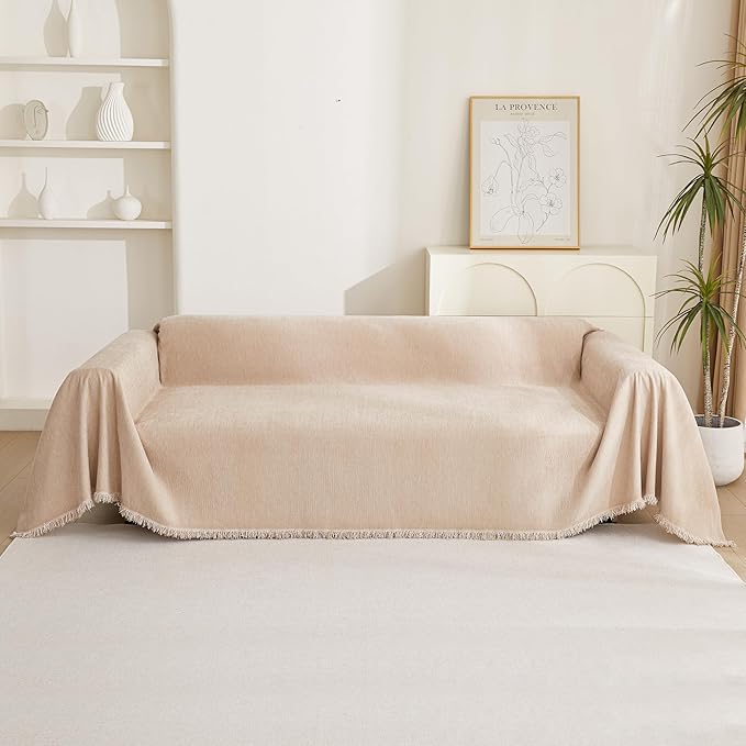 MYSKY HOME Couch Cover 3 Cushion Sofa with Tassel Chenille Sofa Covers Couch Covers for 3 Cushion Couch Sofa Slipcovers for Sectional l Shaped Couch Dogs Protector Furniture Covers, 71" X150", Khaki
