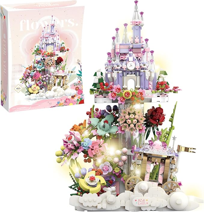 Garden Castle Building Blocks Kit with Led Lighting Flowers for Adults and Kids (1892 Pieces)