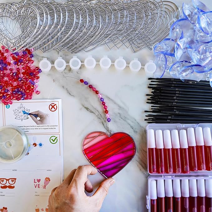 Winlyn 24 Sets Heart Suncatchers Ornaments Decorations DIY Window Paint Art Stickers Craft Kits Heart Sun Catchers for Kids Valentine's Day Classroom Activities Art Project Party Favors Gift Exchange