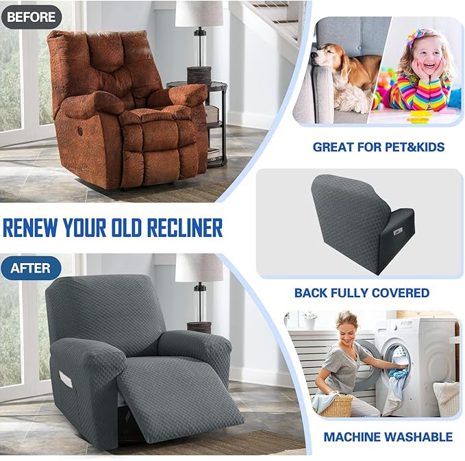 MAXIJIN Recliner Cover Slipcovers for Living Room 4 Pieces Stretch Jacquard Recliner Chair Cover Soft Fitted Recliner Protector with Elastic Bottom for Kids, Pets (Recliner, Dark Gray)