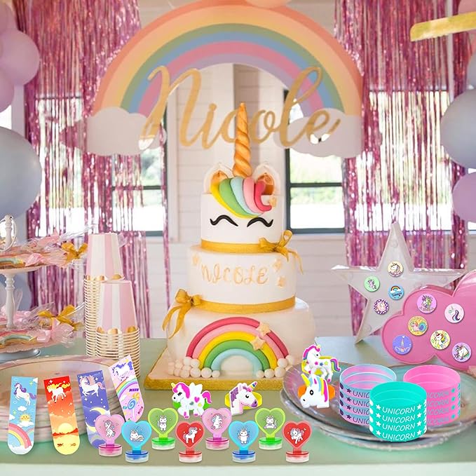 78 PCS Unicorn party Favors Girls Unicorn Birthday Supplies with Bracelets Necklaces Rings Keychains Badges Bookmarks Notebooks Goodie Bags Fillers for Birthday Party Prizes Unicorn Pinata Stuffers