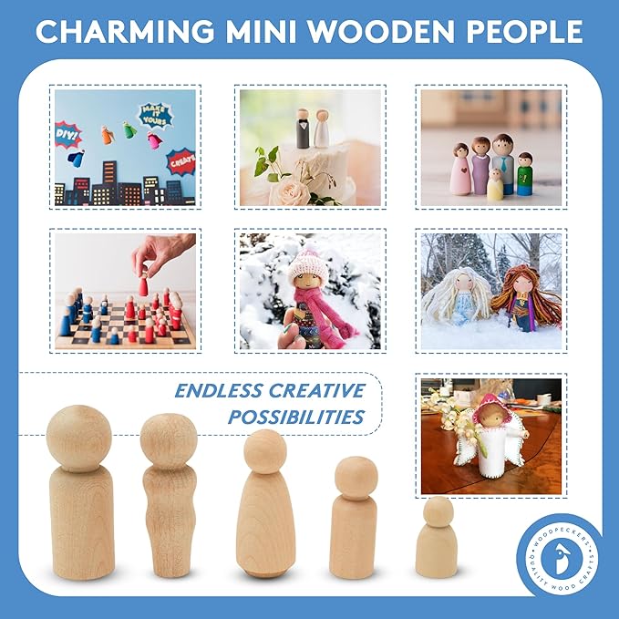 Woodpeckers Wood Peg Doll Set, 40 Piece Wood Peg Family (Toy Peg People: Dad, Mom, Angel, Child, Baby) Unfinished for Crafts & Play