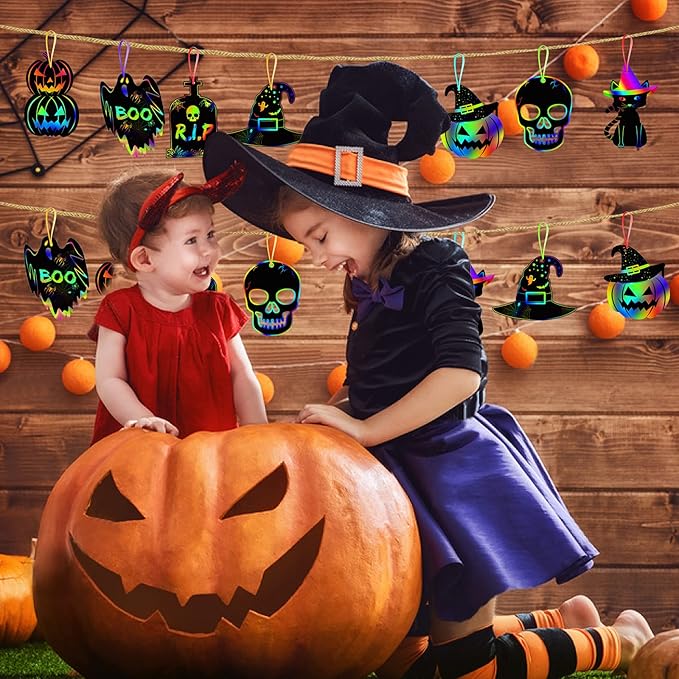 48PCS Halloween Craft Kit for Kids - Magic Scratch Off Cards Paper Hanging Halloween Ornaments Set with 24pcs Wooden Stylus 48pcs Cords for Halloween Party Favor, Art Craft Supplies