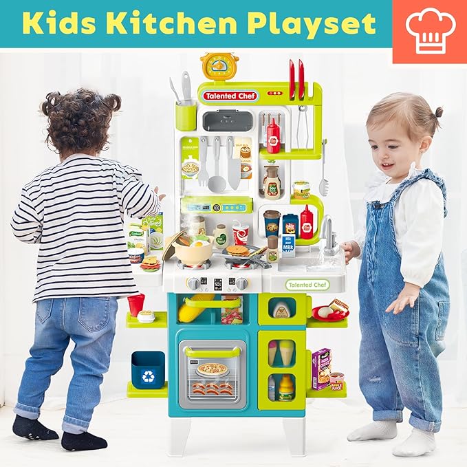 CUTE STONE Kids Kitchen Playset, Play Kitchen for Toddlers, Play Sink with Manual Faucet, Cooking Stove with Steam, Sound and Light, Play Kitchen Accessories, Pretend Toy Kitchen Set for Kids, 40" H