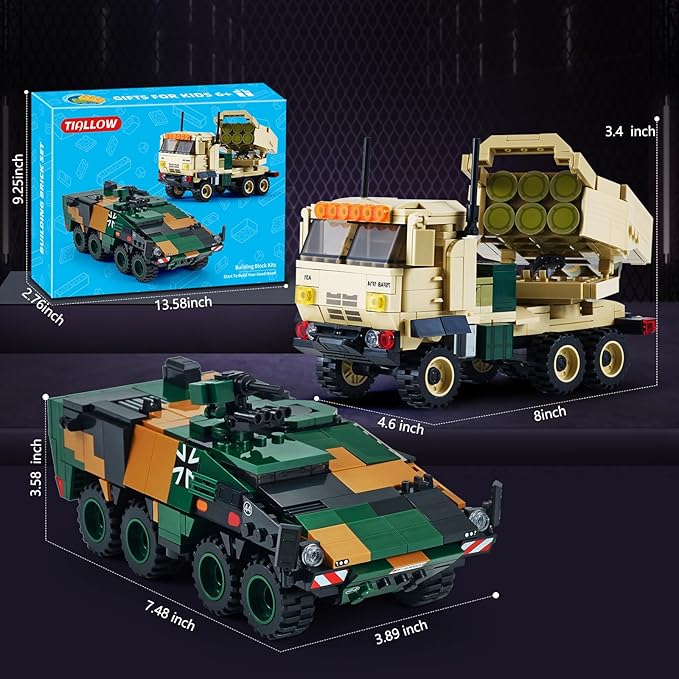 WW2 Military Vehicles Building Sets Compatible with Lego，Armored Vehicles Building Kit，Featuring 2 Military Construction Models Building Block，Army Base Toys for Boys, and Teens Age 8-14