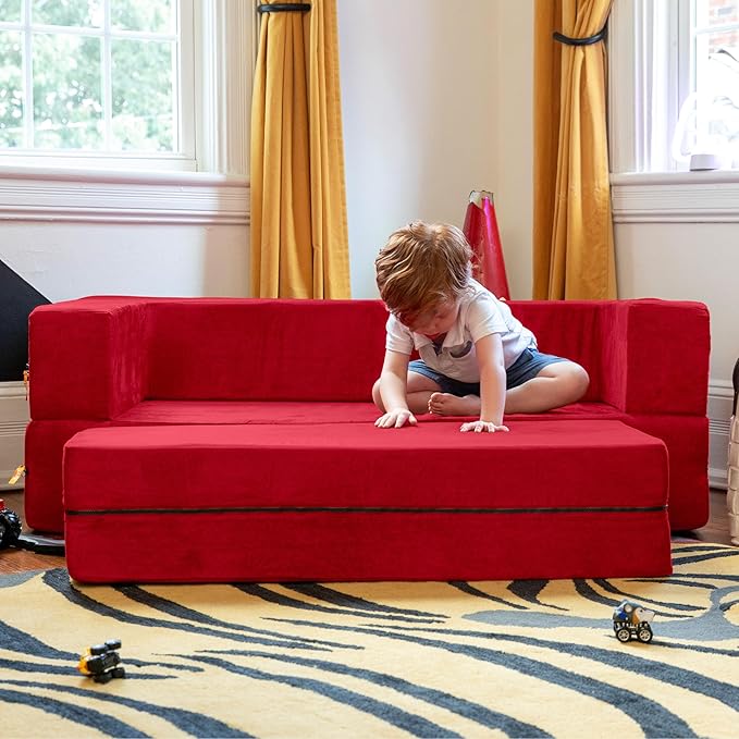 Jaxx Zipline Sofa & Large Ottoman 3 in 1 Fold Out Sofa, Big Kids Edition, Cherry (17454)