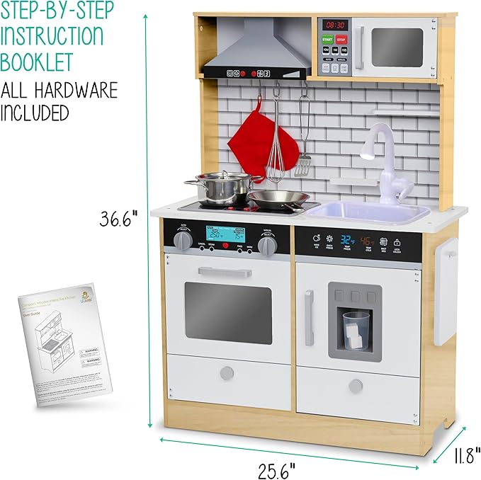 Lil' Jumbl Kids Natural Small Kitchen Set, Pretend Wooden Play Kitchen, Includes Range Hood, Microwave, Stove Top, Oven That Make Realistic Sound & Light, Pots, Pan, Cutting Board & Utensils Included,