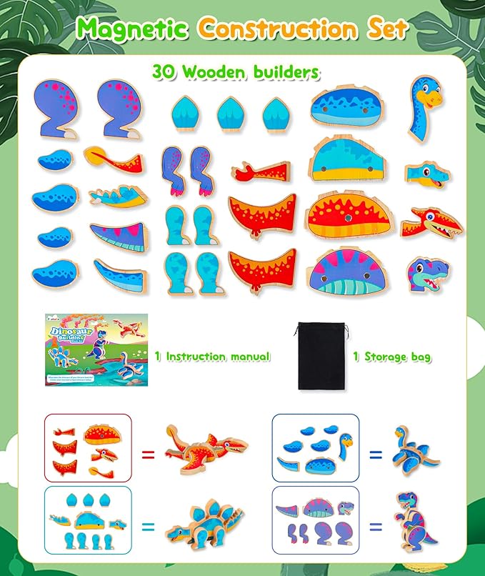 Dinosaur Building Blocks Set, Wooden Dino Blocks, Magnetic Dinosaur Builders, STEM Take Apart Dinosaurs Playset, Montessori Fine Motor Skills Educational Learning Toy Gift for 3 4 5 Years Kids