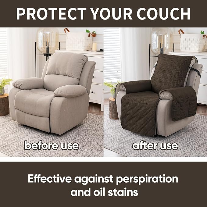 Easehomey 100% Waterproof Recliner Chair Covers, Non Slip Dog Chair Cover Furniture Protector Washable Chair Cover with Pocket, Elastic Straps for Kids,Pets,Dogs (Coffee, 23.6")