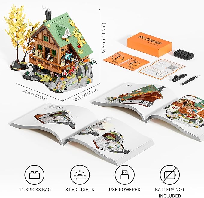 FUNWHOLE Mountain-Cabin House Lighting Building-Bricks Set - Friends Mountain House and Treehouse Collection LED Light Building Set 2255 Pcs for Adults and Teen