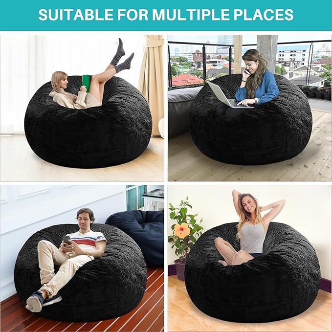 cjc Giant Fur Bean Bag Chair Cover for Kids Adults, (No Filler) Living Room Furniture Big Round Soft Fluffy Faux Fur Beanbag Lazy Sofa Bed Cover(Black, 6FT 150 * 75cm)