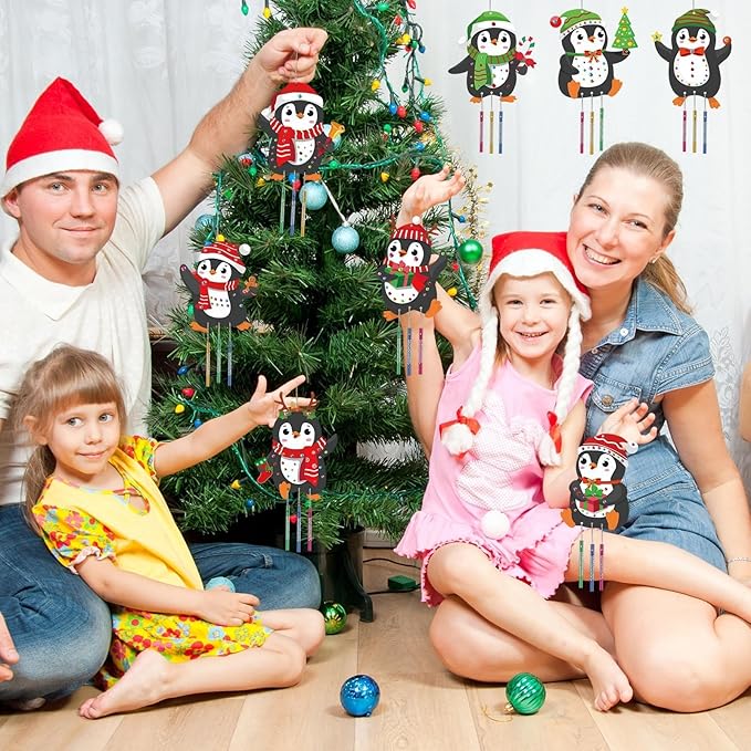 gisgfim 16 Pack Christmas Penguins Wind Chime Crafts Kits for Kids Make Your Own Penguin Wind Chime Wooden DIY Arts and Crafts for Christmas Party School Classroom Decorations Supplies Birthday Favors