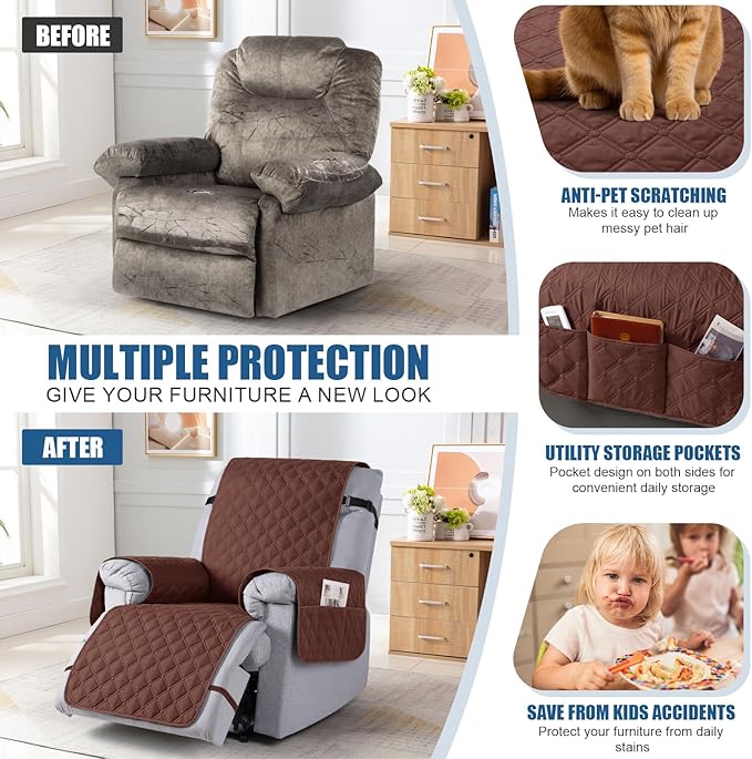 TAOCOCO 100% Waterproof Recliner Covers, Recliner Sofa Covers with Leg Straps, Reversible Recliner Couch Cover for Reclining Chair, Washable Couch Protector for Pets Kids(1 Seater 22", Coffee)