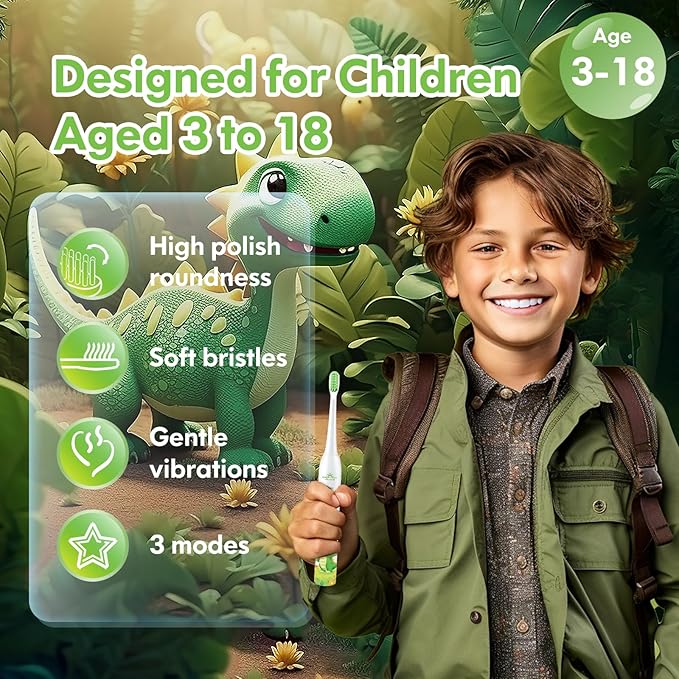 Kids Electric Toothbrush Rechargeable Age 3-5-6-12-18 Year Old, Dinosaur Toothbrush for Kids with Timer 3 Modes 4 Vibrating Heads Habit Stickers 31000VPM Boys Electric Toothbrush (Dinosaur White)