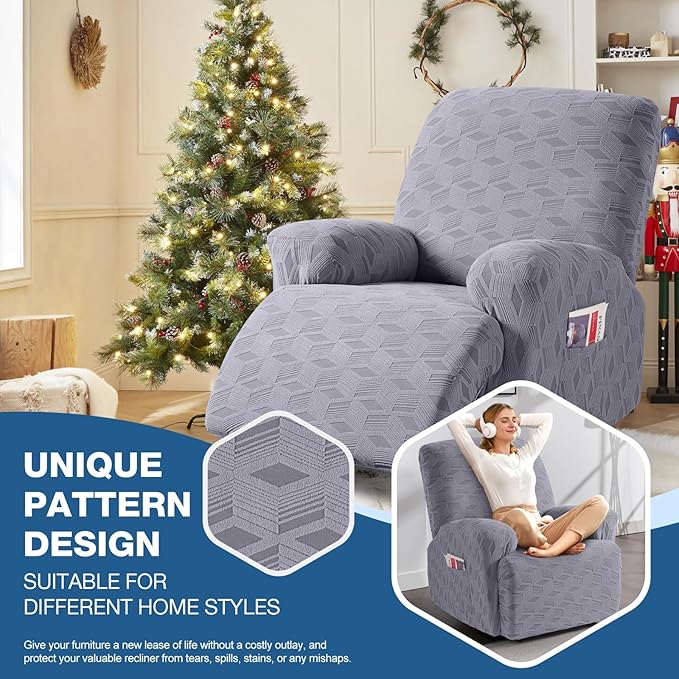 TAOCOCO Recliner Cover 3 Pieces Recliner Chair Covers, Stretch Jacquard Reclining Chair Cover, Furniture Protector Sofa Slipcovers Couch Covers with Elastic Bottom for Kids, Pets (Light Grey)