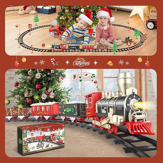 JUQU Train Set, Christmas Train Set for Around The Tree w/Lights & Xmas Sounds, Christmas Tree Train Toys, Electric Toy Train Set for Boys, Toddler Model Train Gifts for 3 4 5 6 7 8+ Years Old Kids