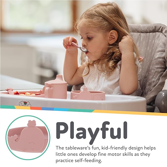 Nuby Animal Friend Silicone Round Plate - Toddler Plate - 6+ Months - Pink Whale Plate