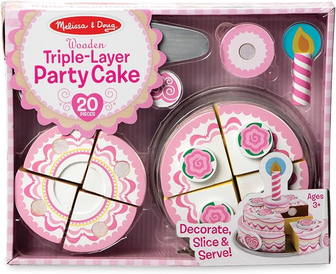 Melissa & Doug Triple-Layer Party Cake Wooden Play Food Set - Birthday Cake Pretend Food Play Set For Toddlers, Kids Ages 3+