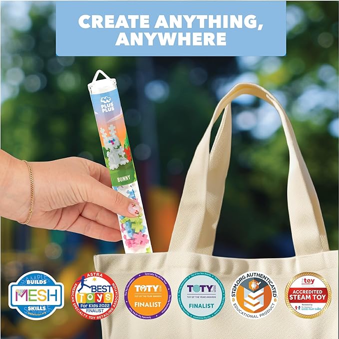 PLUS PLUS 3D Puzzle Building Block Set, 70 Mini Interlocking Pieces, Fun Holiday Activities for Kids - Bunny Mini Maker Tube