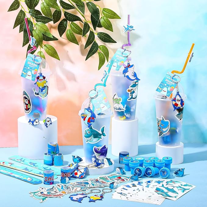 Qilery 195 Pcs Mermaid Party Unicorn Party Dinosaur Party Shark Party Favors Includes Plastic Cup with Lid Straw Keychain Bracelet Ring Stamper Stickers Tag For Party Favors Piñata Filling (Shark)
