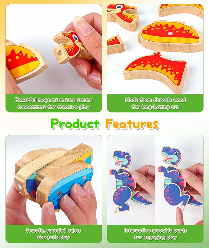 Dinosaur Building Blocks Set, Wooden Dino Blocks, Magnetic Dinosaur Builders, STEM Take Apart Dinosaurs Playset, Montessori Fine Motor Skills Educational Learning Toy Gift for 3 4 5 Years Kids