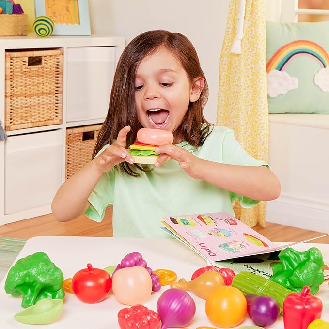 B. toys- Foodie Fun- Pretend Play Food & Board Book Set – 32 Pieces of Play Food – Educational Book for Toddlers – Storage Bucket with Lid – 2 Years +