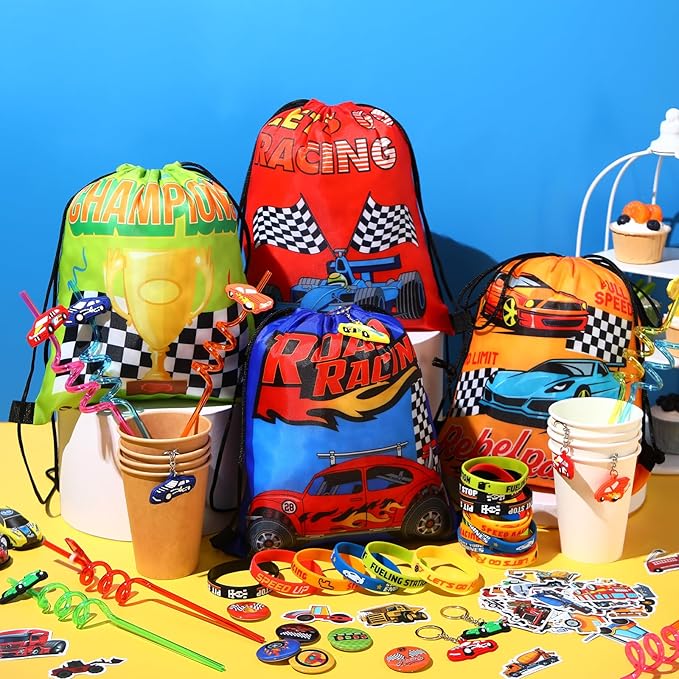 Sadnyy 140 Pcs Race Car Party Favors Birthday Party Decorations Supplies Drawstring Bags with Silicone Bracelets Keychains Straws Button Pins Stickers for Classroom Rewards Goodie Bags Stuffers