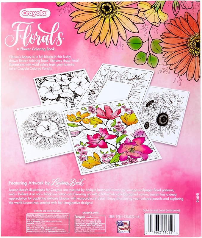 Crayola Floral Adult Coloring Book (40pgs), Flower Adult Coloring Pages, Stress Relief Activity, Mindfulness Gift for Teens & Adults, 9+