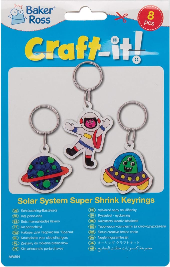 Baker Ross Ltd Solar System Super Shrink Keyrings, Arts and crafts for Kids (Pack of 8)