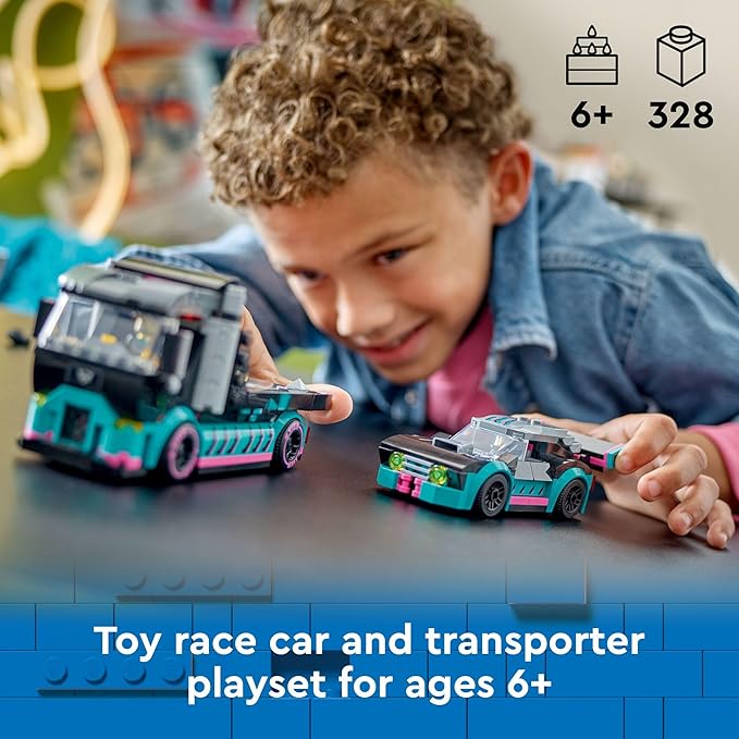 LEGO City Race Car and Car Carrier Truck Toy Playset, Vehicle Transporter with Adjustable Loading Ramp and Race Car Toy, Racer and Driver Minifigures, Fun Gift for Kids Ages 6 and Up, 60406