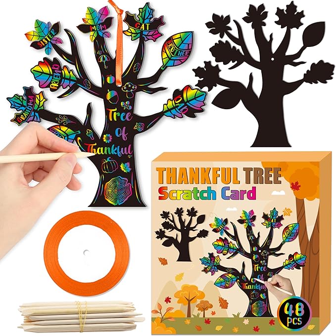 BeYumi Fall Trees Scratch Cards - 48Pcs Fall Thankful Leaves Trees Scratch Cards for Kids Thanksgiving DIY Magic Fall Tree Hanging Scratch Paper Thankful Craft Supplies School Classroom Fun Activities
