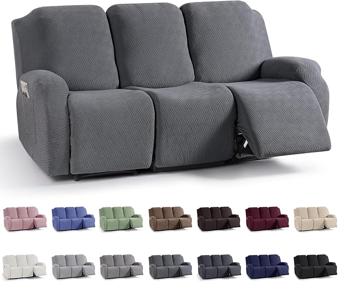 KinCam Recliner Covers, Stretch Reclining Chair Covers, Recliner Sofa Slipcovers Stripe Jacquard Recliner Couch Covers Furniture Protector Covers for Pet Kid (3 Seater, Dark Gray)