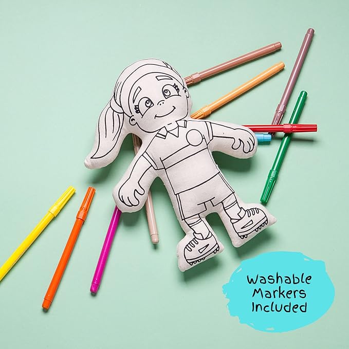 Washable Coloring Doll – Soccer Girl with Ponytail, Mini Doll Backpack & Markers - Educational Art & Crafts Toy - Color, Play, Wash, Repeat - Reusable Creative Gift for Kids