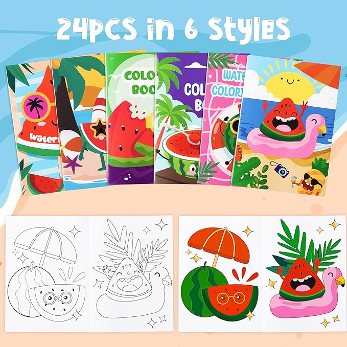 Dvbonike 24Pcs Watermelon Coloring Books Summer Themed DIY Color-in Pages with Seaside Beach Sunglasses Drawing Party Favors Gifts Home School Classroom Game Art Activity Supplies for Kids Age 4-8