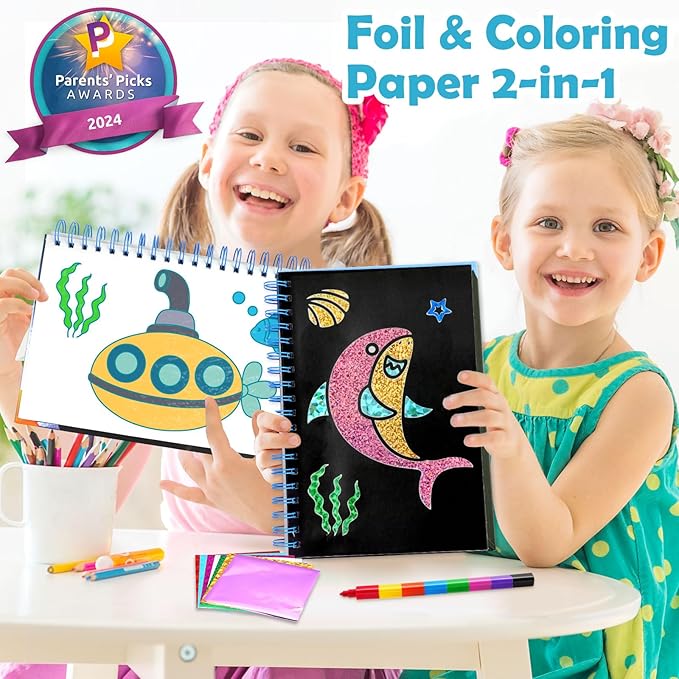 Foil Art Craft Activity for Kids: Fun DIY Toy Sticker Kit, No Mess Creative Travel Supply Set, Idea Birthday Easter Basket Stuffers Valentines Gift for Girl Boy Toddler 4 5 6 7 8 9 Year Old (Ocean)