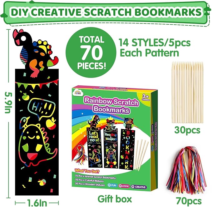 ZMLM Animal Scratch Bookmark for Kids: 70 Pcs 14 Style Magic Scratch Rainbow Bookmarks Making Kit for Girl Boy Party Favor Classroom Activity DIY Scratch Paper Art Craft Bulk for Birthday Christmas