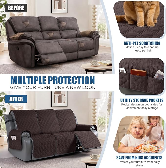 TAOCOCO 100% Waterproof Recliner Covers, Recliner Sofa Covers with Leg Straps, Reversible Recliner Couch Cover for Reclining Chair, Washable Couch Protector for Pets Kids(3 Seater, Chocolate)