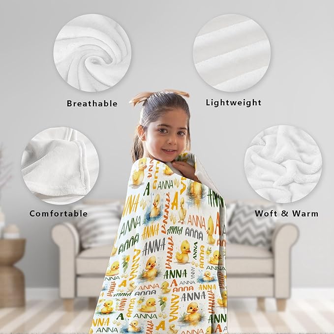 Custom Name Duck Blanket for Girls Adult duck Blanket Kids Funny Blanket Suitable for bedroom bed sofa Crib Couch Chair outdoor All Season Items That Yellow Duck Lovers Will Love 50"x40"for Kid