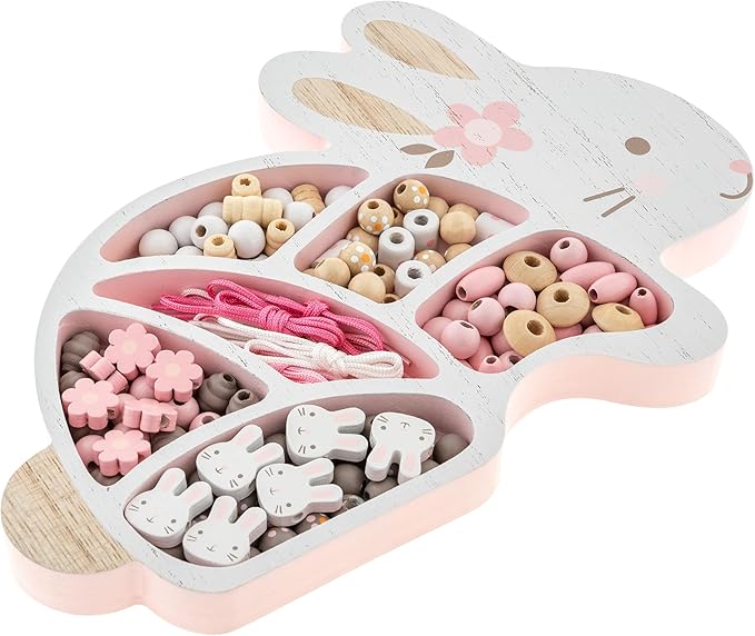 Stephen Joseph, Wooden Bead Kit for Kids, 125 Wooden Beads with 4 Necklace and 4 Bracelet Cords with Reusable Wooden Tray, Premium Wood Jewelry Making Kit for Kids, Bunny