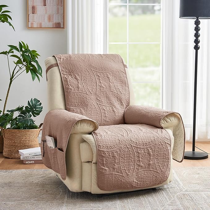 Pink Quilted Recliner Chair Covers, Water-Repellent Recliner Slipcovers, Recliner Covers Stay in Place, Pet Friendly Recliner Cover for Dogs, Washable Couch Protector (Recliner 22", Pink)