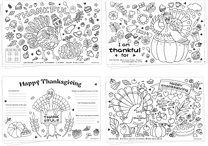 4E's Novelty Thanksgiving Placemat Activity Kids Coloring Placemats for Kids & Adults, 11x17 Paper Disposable Placemats Crafts Bulk, 12 Pack, Thankful Activities for Family Dinner Table