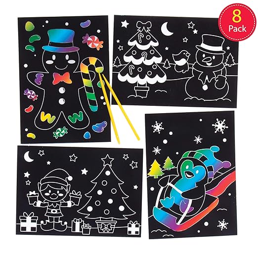 Baker Ross AR756 Scratch Art Pictures - Pack of 8, Scratch Art Paper and Scratch Art for Kids, Great for Kids Arts and Crafts, Christmas Gifts and Children’s Party Bag Fillers