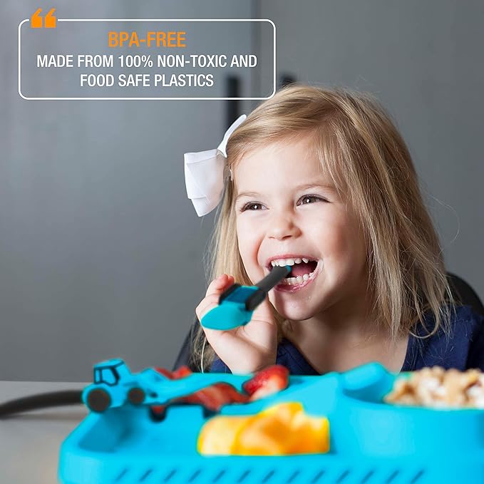 Dinneractive Utensil Set for Kids – Construction Themed Toddler Forks and Spoons, Toddler Utensils – 2-Piece Set – Blue Construction Utensils for Toddlers - Loader & Tractor Toddler Spoons and Forks